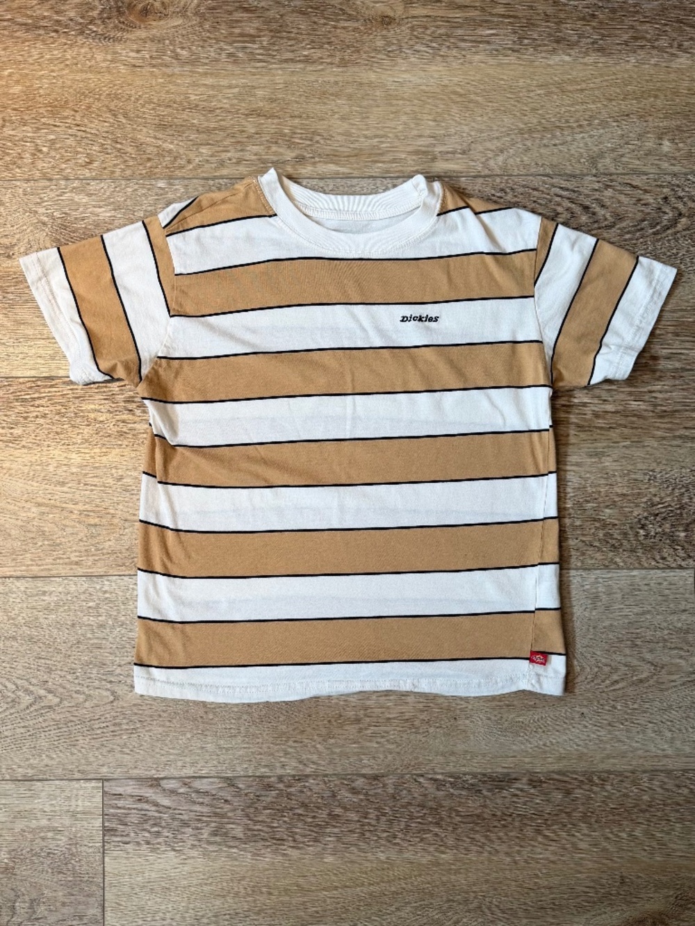 Dickies Girl Tan & White Striped Short Sleeve T-Shirt Size Medium Skater/Retro